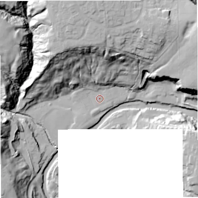 Shaded relief map of the ground around BL95PR, computed from Environment Agency LiDAR. The ground here sits at about 106 m above sea level and falls 48 m across the surrounding 800 m. Surface water reaching this point runs off ground lying to the north, 39.3 m higher.