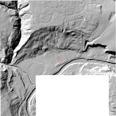 Shaded relief map of the ground around BL95PS, computed from Environment Agency LiDAR. The ground here sits at about 106 m above sea level and falls 48 m across the surrounding 800 m. Surface water reaching this point runs off ground lying to the north, 42.0 m higher.