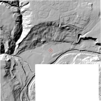 Shaded relief map of the ground around BL95PT, computed from Environment Agency LiDAR. The ground here sits at about 106 m above sea level and falls 48 m across the surrounding 800 m. Surface water reaching this point runs off ground lying to the north, 41.9 m higher.