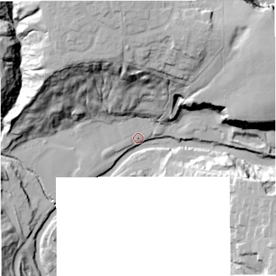 Shaded relief map of the ground around BL95PU, computed from Environment Agency LiDAR. The ground here sits at about 106 m above sea level and falls 48 m across the surrounding 800 m. Surface water reaching this point runs off ground lying to the north, 41.3 m higher.