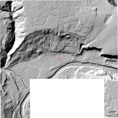 Shaded relief map of the ground around BL95PW, computed from Environment Agency LiDAR. The ground here sits at about 106 m above sea level and falls 48 m across the surrounding 800 m. Surface water reaching this point runs off ground lying to the north-north-west, 42.0 m higher.