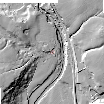 Shaded relief map of the ground around BL95QA, computed from Environment Agency LiDAR. The ground here sits at about 104 m above sea level and falls 51 m across the surrounding 800 m. Surface water reaching this point runs off ground lying to the north-west, 4.7 m higher.