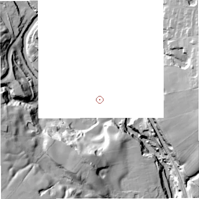 Shaded relief map of the ground around BL95QB, computed from Environment Agency LiDAR. and falls 50 m across the surrounding 800 m.