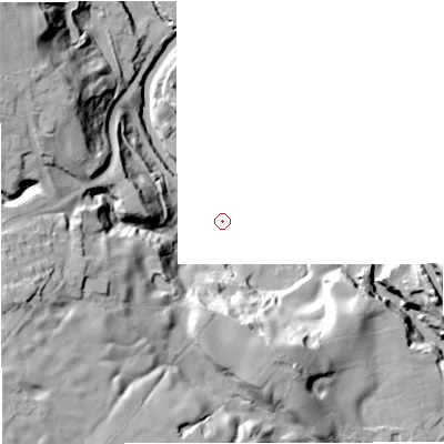 Shaded relief map of the ground around BL95QD, computed from Environment Agency LiDAR. and falls 41 m across the surrounding 800 m.