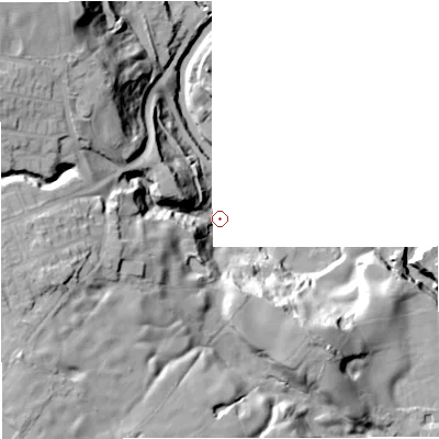 Shaded relief map of the ground around BL95QE, computed from Environment Agency LiDAR. The ground here sits at about 104 m above sea level and falls 42 m across the surrounding 800 m. Surface water reaching this point runs off ground lying to the west-south-west, 32.8 m higher.