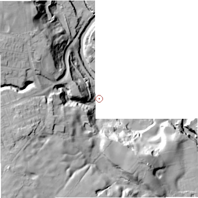 Shaded relief map of the ground around BL95QF, computed from Environment Agency LiDAR. and falls 42 m across the surrounding 800 m. Surface water reaching this point runs off ground lying to the west-south-west, 32.2 m higher.
