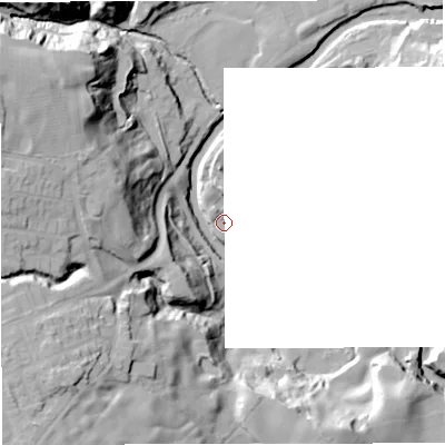 Shaded relief map of the ground around BL95QJ, computed from Environment Agency LiDAR. The ground here sits at about 103 m above sea level and falls 43 m across the surrounding 800 m. Surface water reaching this point runs off ground lying to the north-west, 1.6 m higher.