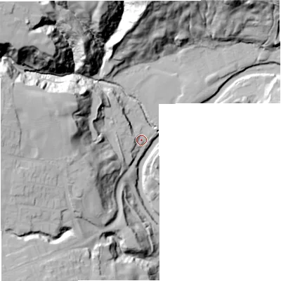 Shaded relief map of the ground around BL95QL, computed from Environment Agency LiDAR. The ground here sits at about 104 m above sea level and falls 47 m across the surrounding 800 m. Surface water reaching this point runs off ground lying to the west-north-west, 4.6 m higher.