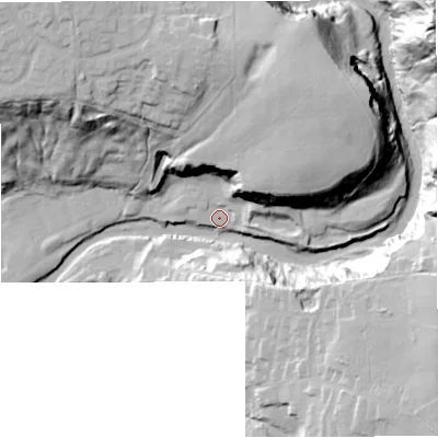 Shaded relief map of the ground around BL95QW, computed from Environment Agency LiDAR. The ground here sits at about 108 m above sea level and falls 66 m across the surrounding 800 m. Surface water reaching this point runs off ground lying to the north-east, 64.0 m higher.