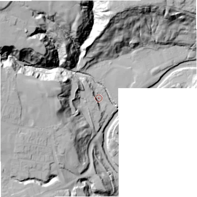Shaded relief map of the ground around BL95QX, computed from Environment Agency LiDAR. The ground here sits at about 105 m above sea level and falls 52 m across the surrounding 800 m. Surface water reaching this point runs off ground lying to the west-north-west, 5.6 m higher.