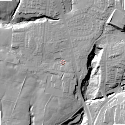 Shaded relief map of the ground around BL95QZ, computed from Environment Agency LiDAR. The ground here sits at about 126 m above sea level and falls 46 m across the surrounding 800 m. Surface water reaching this point runs off ground lying to the north, 7.1 m higher.
