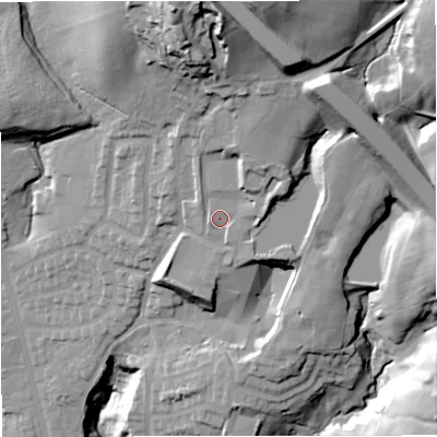 Shaded relief map of the ground around BL96GG, computed from Environment Agency LiDAR. The ground here sits at about 148 m above sea level and falls 66 m across the surrounding 800 m. Surface water reaching this point runs off ground lying to the north, 32.8 m higher.