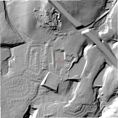 Shaded relief map of the ground around BL96GH, computed from Environment Agency LiDAR. The ground here sits at about 150 m above sea level and falls 70 m across the surrounding 800 m. Surface water reaching this point runs off ground lying to the north, 30.6 m higher.