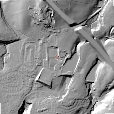 Shaded relief map of the ground around BL96GL, computed from Environment Agency LiDAR. The ground here sits at about 150 m above sea level and falls 69 m across the surrounding 800 m. Surface water reaching this point runs off ground lying to the north-north-east, 13.4 m higher.