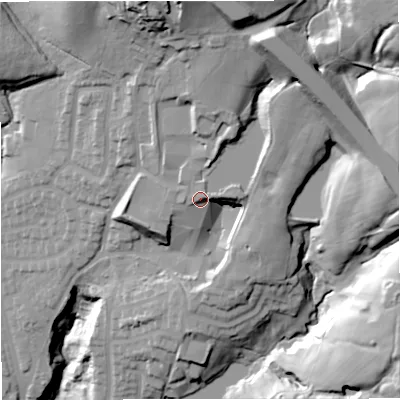 Shaded relief map of the ground around BL96GP, computed from Environment Agency LiDAR. The ground here sits at about 148 m above sea level and falls 60 m across the surrounding 800 m. Surface water reaching this point runs off ground lying to the north-north-east, 22.6 m higher.