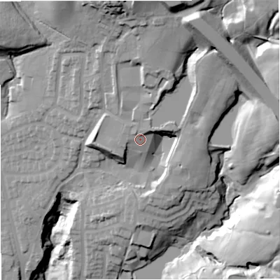 Shaded relief map of the ground around BL96GQ, computed from Environment Agency LiDAR. The ground here sits at about 145 m above sea level and falls 60 m across the surrounding 800 m. Surface water reaching this point runs off ground lying to the north-north-east, 25.8 m higher.