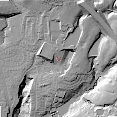 Shaded relief map of the ground around BL96GR, computed from Environment Agency LiDAR. The ground here sits at about 143 m above sea level and falls 59 m across the surrounding 800 m. Surface water reaching this point runs off ground lying to the north-north-east, 29.5 m higher.