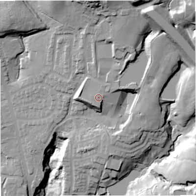 Shaded relief map of the ground around BL96GS, computed from Environment Agency LiDAR. The ground here sits at about 145 m above sea level and falls 60 m across the surrounding 800 m. Surface water reaching this point runs off ground lying to the north-north-east, 2.5 m higher.