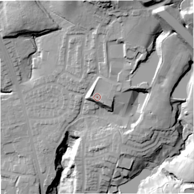 Shaded relief map of the ground around BL96GT, computed from Environment Agency LiDAR. The ground here sits at about 144 m above sea level and falls 60 m across the surrounding 800 m. Surface water reaching this point runs off ground lying to the east-north-east, 3.3 m higher.