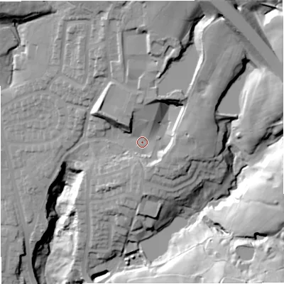 Shaded relief map of the ground around BL96GU, computed from Environment Agency LiDAR. The ground here sits at about 137 m above sea level and falls 58 m across the surrounding 800 m. Surface water reaching this point runs off ground lying to the north-north-east, 31.5 m higher.