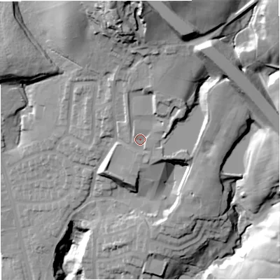 Shaded relief map of the ground around BL96GW, computed from Environment Agency LiDAR. The ground here sits at about 147 m above sea level and falls 67 m across the surrounding 800 m. Surface water reaching this point runs off ground lying to the north, 32.9 m higher.