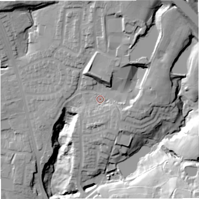 Shaded relief map of the ground around BL96GY, computed from Environment Agency LiDAR. The ground here sits at about 136 m above sea level and falls 58 m across the surrounding 800 m. Surface water reaching this point runs off ground lying to the east-south-east, 5.2 m higher.
