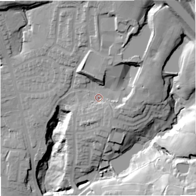 Shaded relief map of the ground around BL96GZ, computed from Environment Agency LiDAR. The ground here sits at about 136 m above sea level and falls 58 m across the surrounding 800 m. Surface water reaching this point runs off ground lying to the east-north-east, 12.3 m higher.