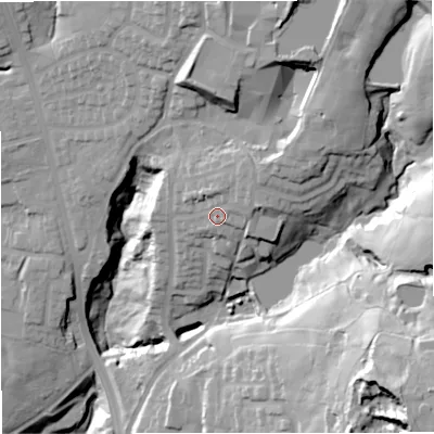 Shaded relief map of the ground around BL96QY, computed from Environment Agency LiDAR. The ground here sits at about 136 m above sea level and falls 66 m across the surrounding 800 m. Surface water reaching this point runs off ground lying to the north-east, 5.4 m higher.