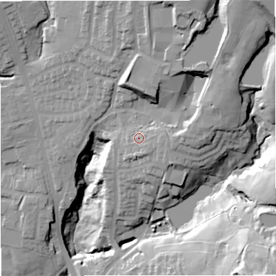 Shaded relief map of the ground around BL96QZ, computed from Environment Agency LiDAR. The ground here sits at about 137 m above sea level and falls 58 m across the surrounding 800 m. Surface water reaching this point runs off ground lying to the east, 4.0 m higher.