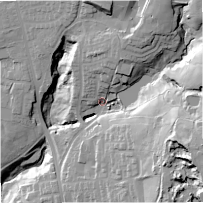 Shaded relief map of the ground around BL96RD, computed from Environment Agency LiDAR. The ground here sits at about 124 m above sea level and falls 71 m across the surrounding 800 m. Surface water reaching this point runs off ground lying to the east-south-east, 53.3 m higher.