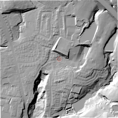Shaded relief map of the ground around BL96RF, computed from Environment Agency LiDAR. The ground here sits at about 136 m above sea level and falls 59 m across the surrounding 800 m. Surface water reaching this point runs off ground lying to the north-north-east, 33.6 m higher.