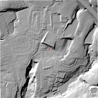 Shaded relief map of the ground around BL96RG, computed from Environment Agency LiDAR. The ground here sits at about 136 m above sea level and falls 59 m across the surrounding 800 m. Surface water reaching this point runs off ground lying to the north-north-east, 33.5 m higher.