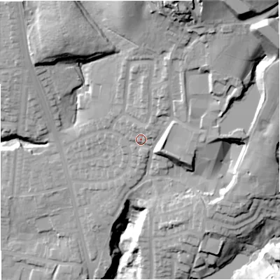 Shaded relief map of the ground around BL96RJ, computed from Environment Agency LiDAR. The ground here sits at about 139 m above sea level and falls 60 m across the surrounding 800 m. Surface water reaching this point runs off ground lying to the north-east, 6.0 m higher.