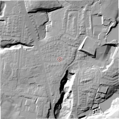 Shaded relief map of the ground around BL96RL, computed from Environment Agency LiDAR. The ground here sits at about 133 m above sea level and falls 51 m across the surrounding 800 m. Surface water reaching this point runs off ground lying to the north-east, 11.0 m higher.