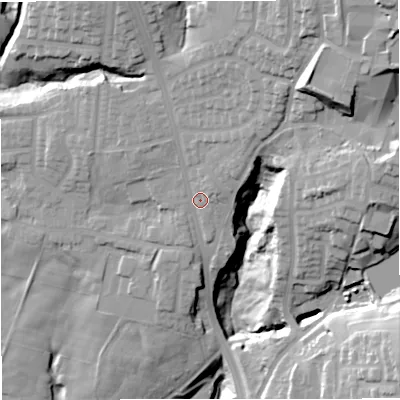 Shaded relief map of the ground around BL96RN, computed from Environment Agency LiDAR. The ground here sits at about 129 m above sea level and falls 49 m across the surrounding 800 m. Surface water reaching this point runs off ground lying to the north-north-east, 19.6 m higher.