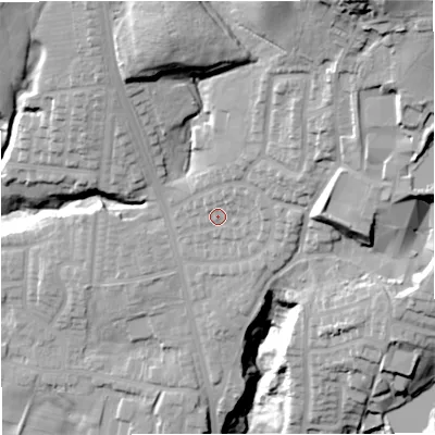 Shaded relief map of the ground around BL96RP, computed from Environment Agency LiDAR. The ground here sits at about 133 m above sea level and falls 58 m across the surrounding 800 m. Surface water reaching this point runs off ground lying to the north-north-east, 37.2 m higher.