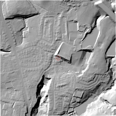 Shaded relief map of the ground around BL96RQ, computed from Environment Agency LiDAR. The ground here sits at about 139 m above sea level and falls 58 m across the surrounding 800 m. Surface water reaching this point runs off ground lying to the east-north-east, 1.8 m higher.