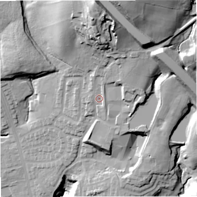 Shaded relief map of the ground around BL96SA, computed from Environment Agency LiDAR. The ground here sits at about 148 m above sea level and falls 69 m across the surrounding 800 m. Surface water reaching this point runs off ground lying to the north, 35.4 m higher.