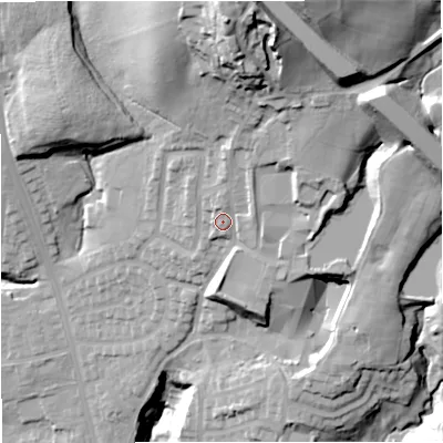 Shaded relief map of the ground around BL96SB, computed from Environment Agency LiDAR. The ground here sits at about 146 m above sea level and falls 68 m across the surrounding 800 m. Surface water reaching this point runs off ground lying to the north, 36.2 m higher.