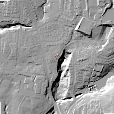 Shaded relief map of the ground around BL96SD, computed from Environment Agency LiDAR. The ground here sits at about 131 m above sea level and falls 50 m across the surrounding 800 m. Surface water reaching this point runs off ground lying to the north-east, 25.7 m higher.