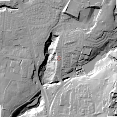 Shaded relief map of the ground around BL96SJ, computed from Environment Agency LiDAR. The ground here sits at about 130 m above sea level and falls 65 m across the surrounding 800 m. Surface water reaching this point runs off ground lying to the north-east, 11.2 m higher.