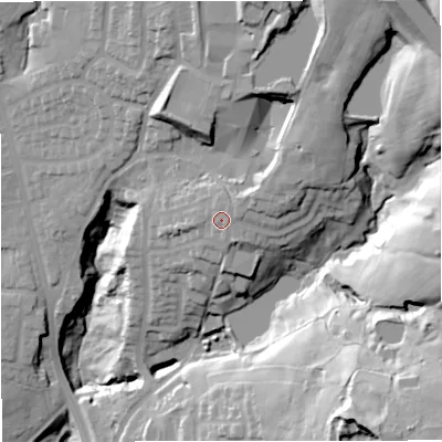 Shaded relief map of the ground around BL96SL, computed from Environment Agency LiDAR. The ground here sits at about 140 m above sea level and falls 64 m across the surrounding 800 m. Surface water reaching this point runs off ground lying to the north-north-east, 2.0 m higher.