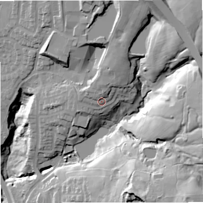 Shaded relief map of the ground around BL96SN, computed from Environment Agency LiDAR. The ground here sits at about 140 m above sea level and falls 69 m across the surrounding 800 m. Surface water reaching this point runs off ground lying to the north, 6.2 m higher.