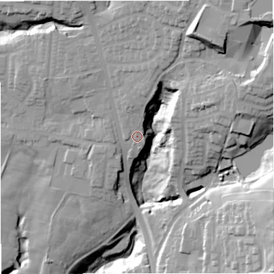 Shaded relief map of the ground around BL96SQ, computed from Environment Agency LiDAR. The ground here sits at about 128 m above sea level and falls 48 m across the surrounding 800 m. Surface water reaching this point runs off ground lying to the north-east, 21.4 m higher.