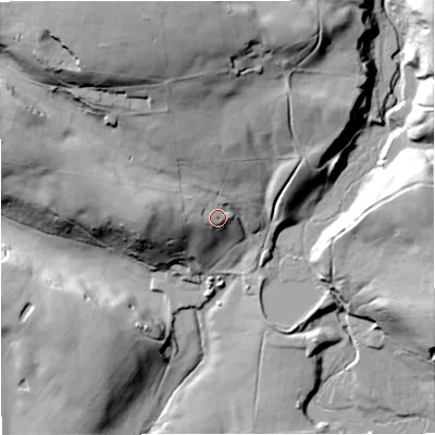 Shaded relief map of the ground around BL96TB, computed from Environment Agency LiDAR. The ground here sits at about 246 m above sea level and falls 66 m across the surrounding 800 m. Surface water reaching this point runs off ground lying to the north-north-west, 37.7 m higher.