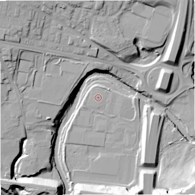 Shaded relief map of the ground around BL97BQ, computed from Environment Agency LiDAR. The ground here sits at about 76 m above sea level and falls 27 m across the surrounding 800 m. The ground contributing surface water to this point lies to the south-south-west.