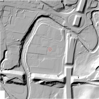 Shaded relief map of the ground around BL97BR, computed from Environment Agency LiDAR. The ground here sits at about 75 m above sea level and falls 34 m across the surrounding 800 m. Surface water reaching this point runs off ground lying to the north, 2.0 m higher.