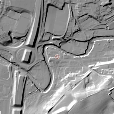 Shaded relief map of the ground around BL97HR, computed from Environment Agency LiDAR. The ground here sits at about 77 m above sea level and falls 42 m across the surrounding 800 m. Surface water reaching this point runs off ground lying to the south-south-east, 1.7 m higher.