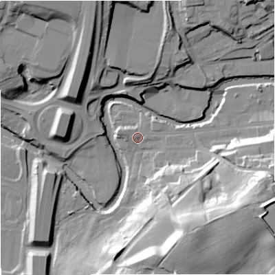 Shaded relief map of the ground around BL97HS, computed from Environment Agency LiDAR. The ground here sits at about 78 m above sea level and falls 42 m across the surrounding 800 m. Surface water reaching this point runs off ground lying to the east-south-east, 33.9 m higher.