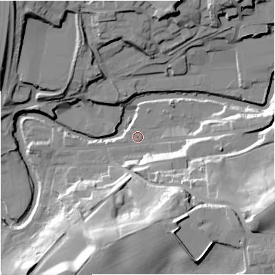 Shaded relief map of the ground around BL97HT, computed from Environment Agency LiDAR. The ground here sits at about 80 m above sea level and falls 44 m across the surrounding 800 m. Surface water reaching this point runs off ground lying to the east-south-east, 38.5 m higher.